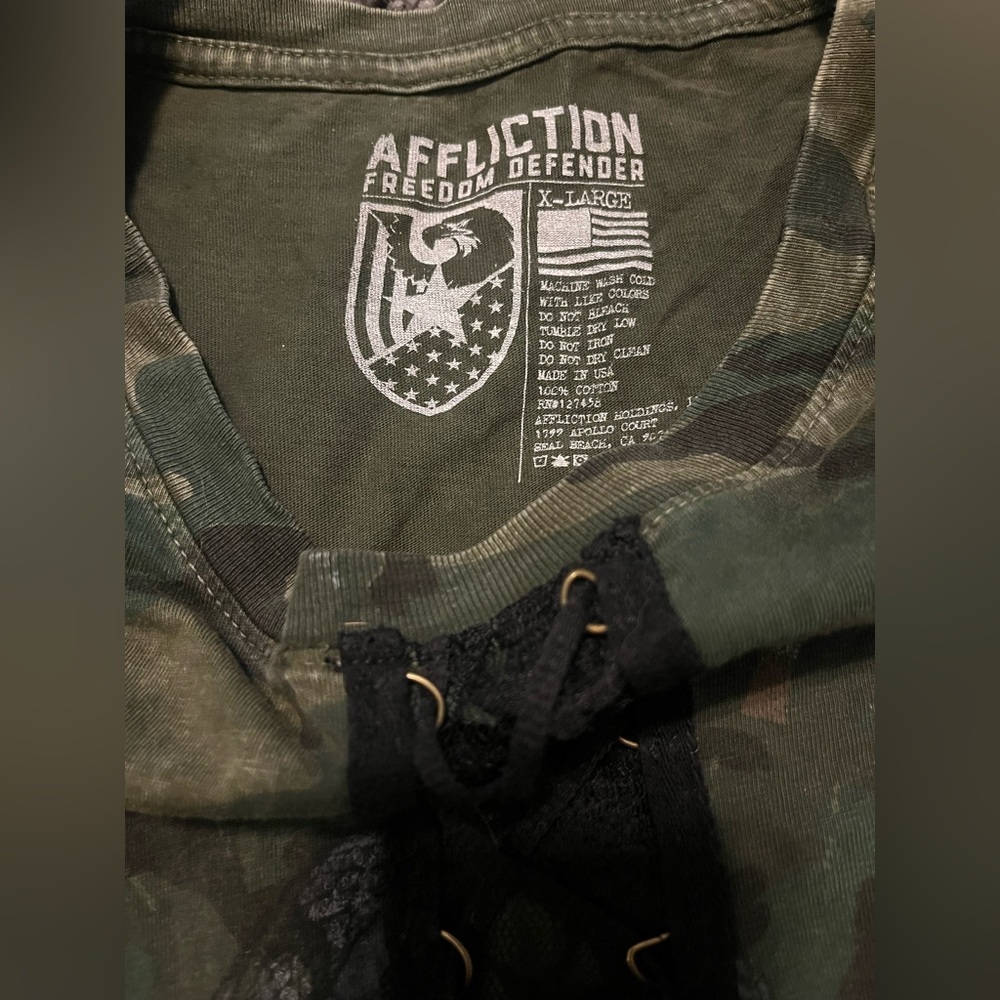 Women’s Affliction Green Camo Tee with Black Lace Detail - Picture 3 of 3